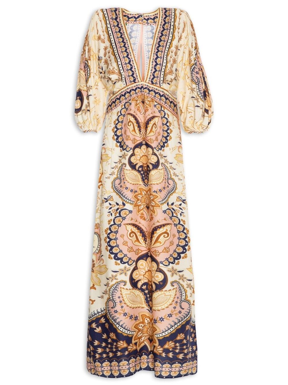 FARM Rio Beleza Boho Maxi Dress Floral Paisley Yellow Cream Size M